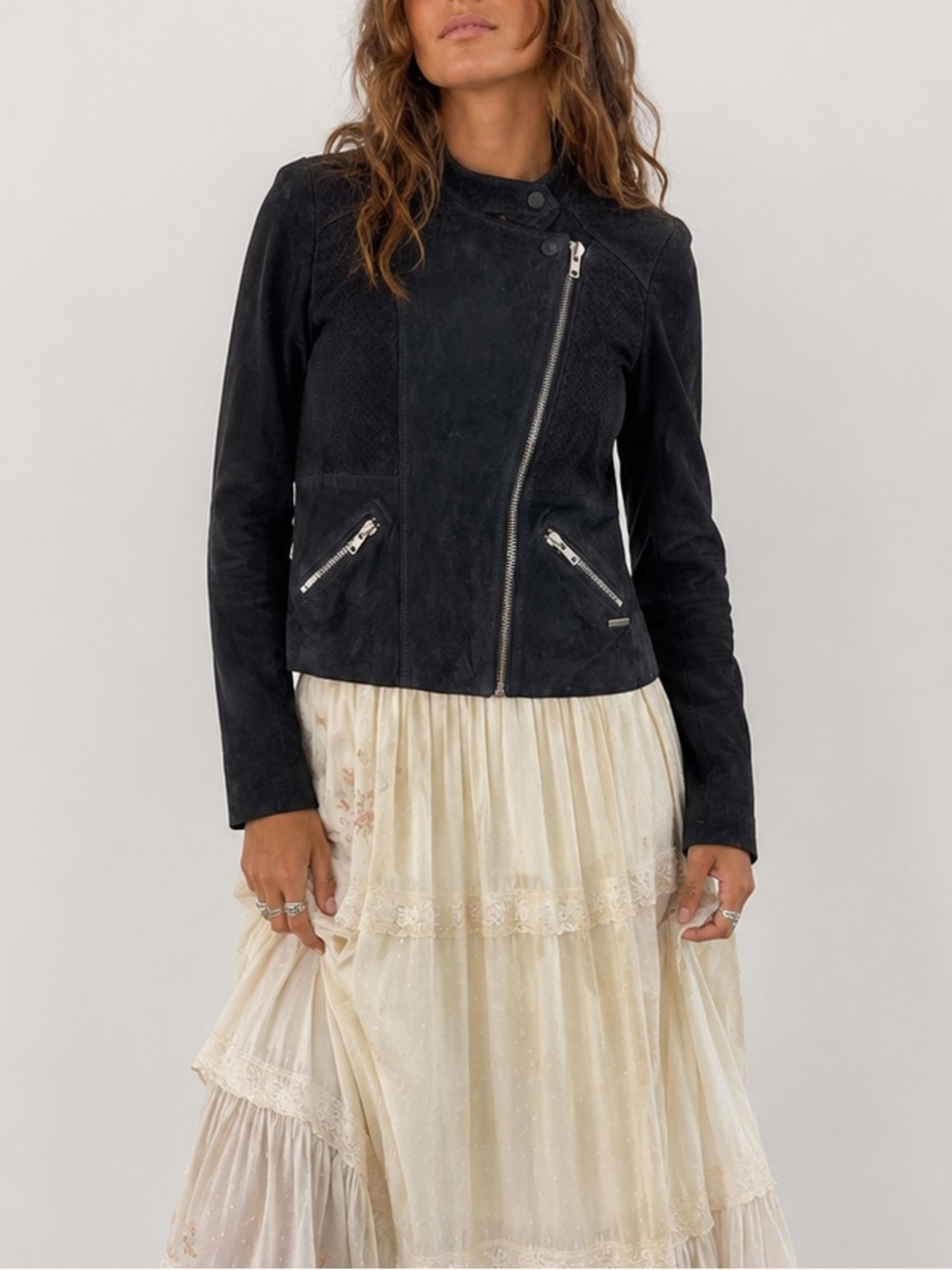 Maison Scotch Black Goat Suede Perforated Moto Jacket Scotch & Soda Size Small